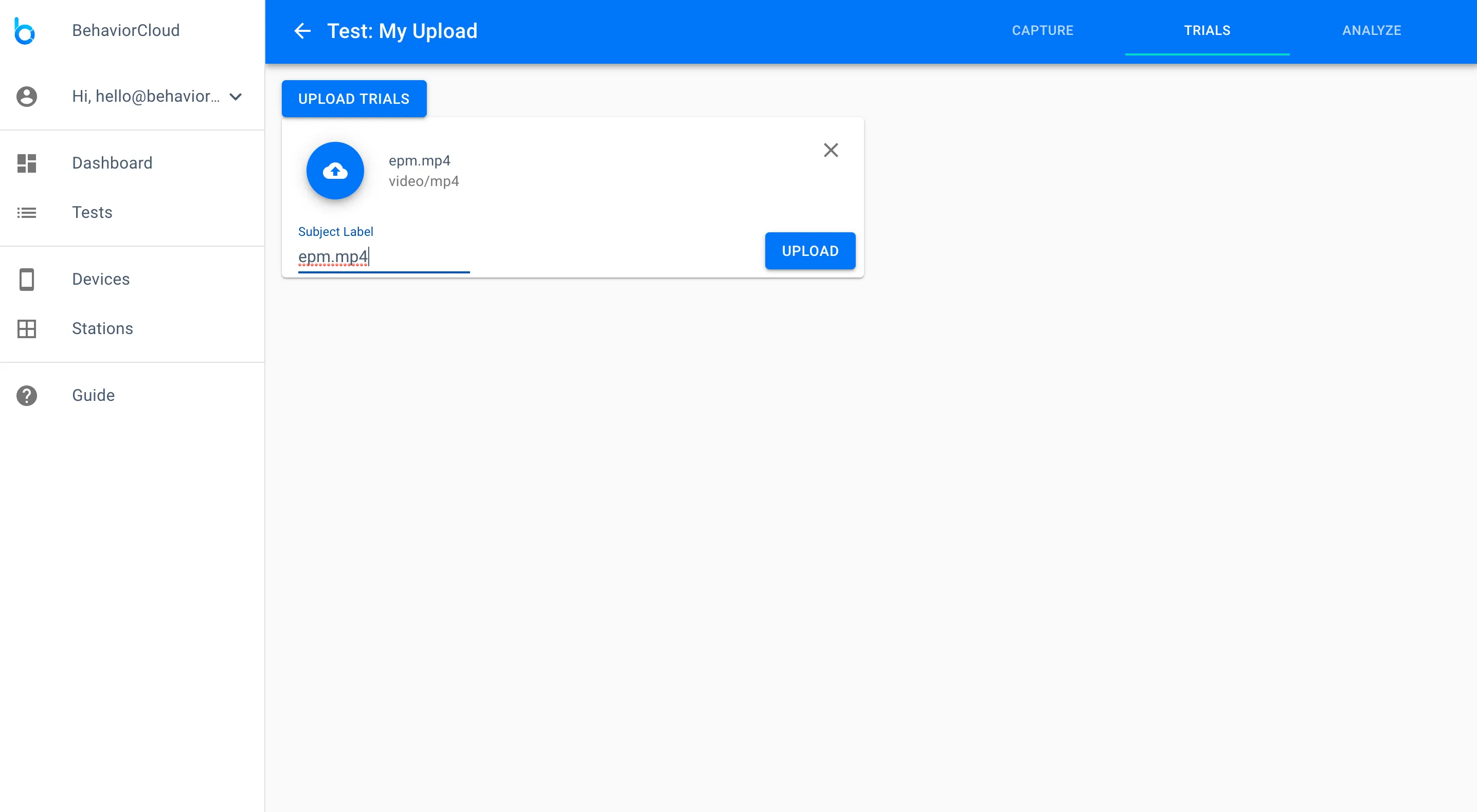 Uploading video for a new experiment